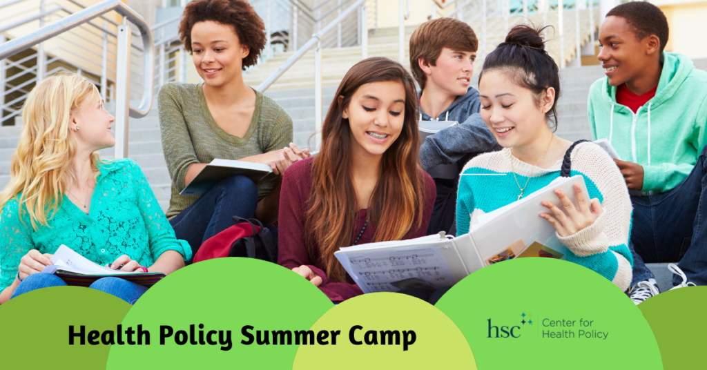 Students sitting in bleachers with Health Policy Summer Camp graphic element.