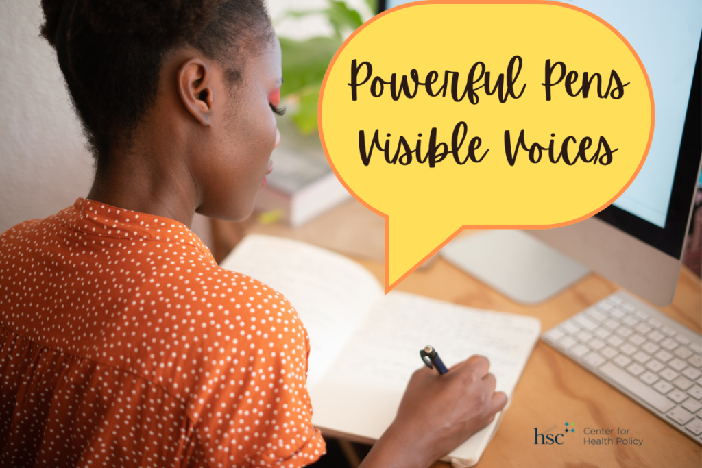 Woman writing in a notebook with Powerful Pens Visible Voices graphic element