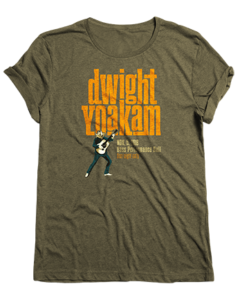 the shirt is dark green with large orange lettering and an illustration of dwight in the bottom left corner