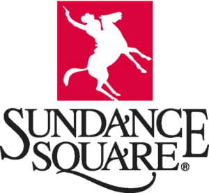 the red squre with a horse and rider silhouette in the center