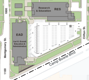 a map of parking lot 6 with the RES building to the north and the EAB building to the west.