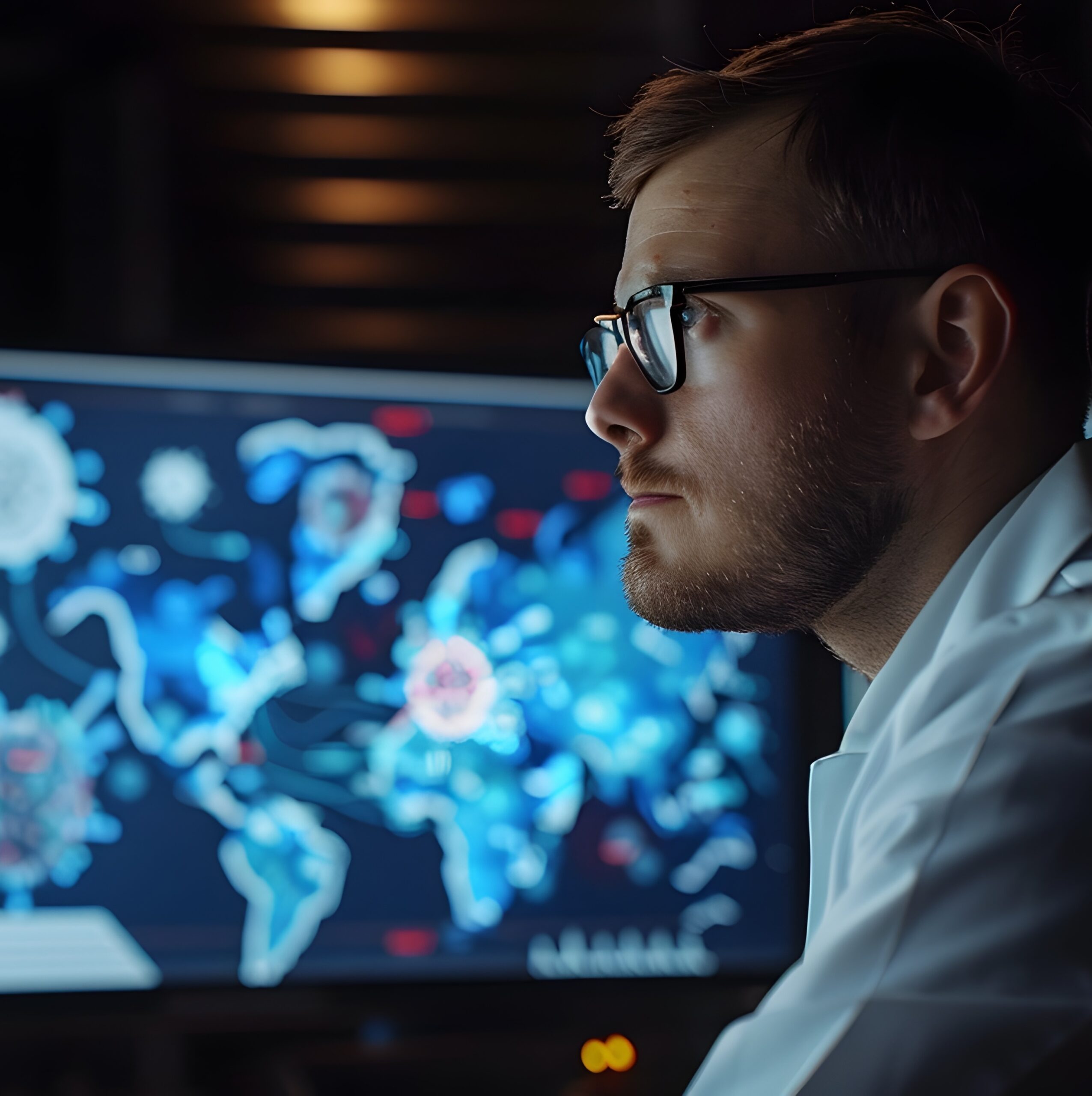 Epidemiologist Analyzing Digital Map To Track And Predict Global Disease Outbreaks