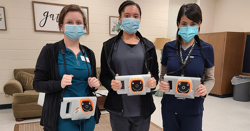 HSC students volunteer to conduct student eye screenings. (left to right) second-year student pharmacists, Meredith Kenerley, Kelli Mosley and TCOM first-year student, Salma Omar 