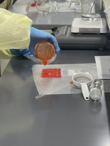 student pouring a compound mixture into a dish.