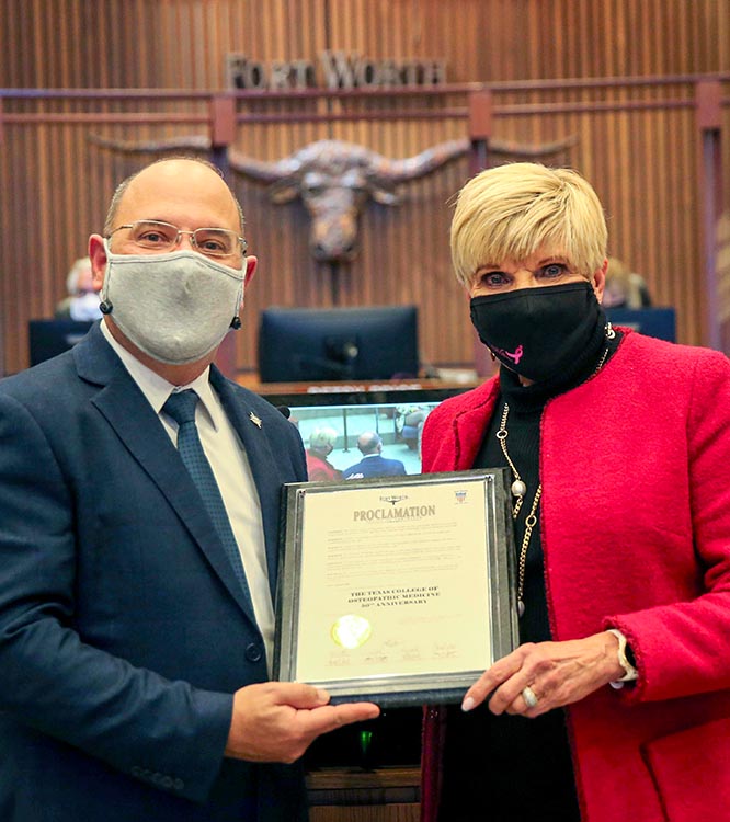 Dr. Frank Filipetto received the TCOM Proclamation from City Council and Mayor Betsy Price at Fort Worth City Hall on October 27, 2020.