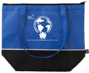 Photo of the insulated bag giveaway; it has people holding an earth and says "HSC Sustainability: Working Towards Healthy People Healthy Planet