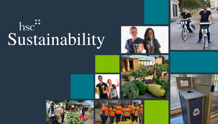 Collage of images and decorative boxes with the words HSC Sustainability. Two images of students holding reusable items, one image of people at the HSC Community Garden, one image of volunteers doing litter cleanup, one image of produce at the Community Garden, one image of students on the bike share, and another image showing the eye glass recycling bin.