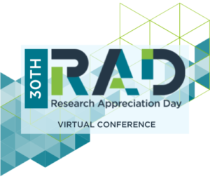 30th Annual Research Appreciation Day, Virtual Conference. R A D Logo with multicolored triangles in the background.