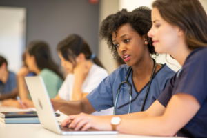 health students sitting at a table looking at a laptop